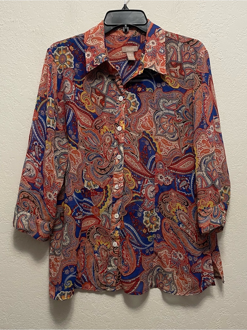 Chicos 2 US L Women’s Blouse Printed Colorful Flowy 3/4 Sleeves Sheer